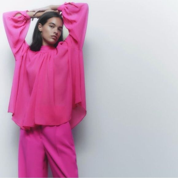 Zara Blogger's Favorite High Neck Sheer Pleated Balloon Sleeve Back Tie Blouse S - Picture 3 of 11